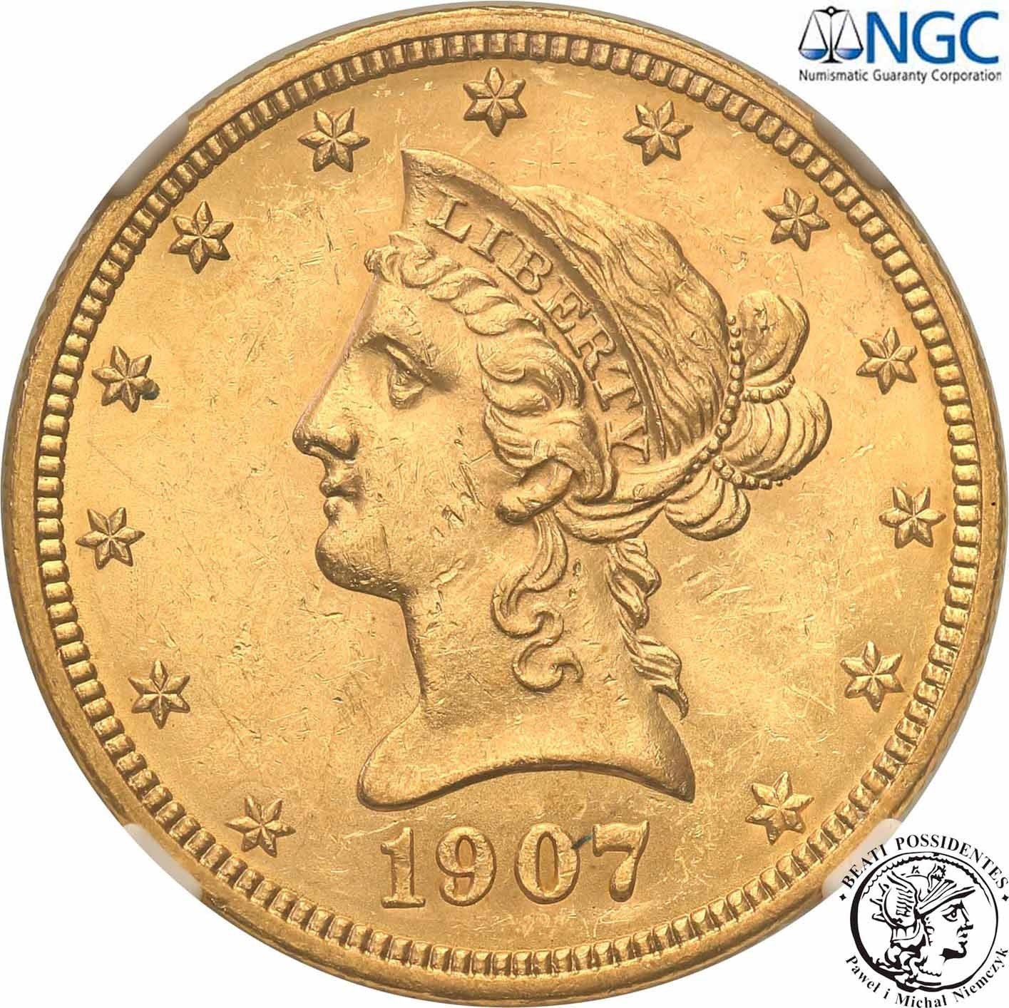USA 10 dolarów 1907 Liberty NGC MS62 PIĘKNE
