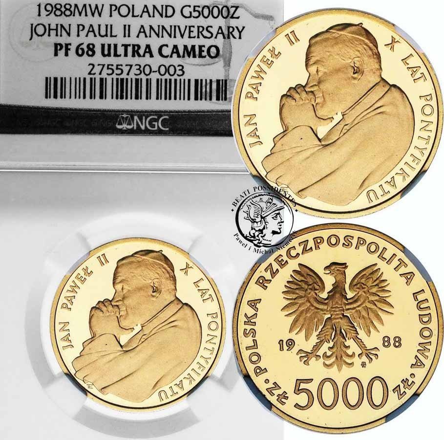 Polska 5000 złotych 1988 Papież Jan Paweł II lustrzanka NGC PF68