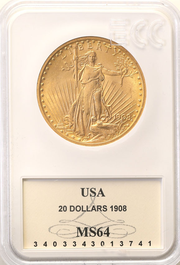 USA 20 $ dolarów St. Gaudens 1908 NO MOTTO GCN MS64