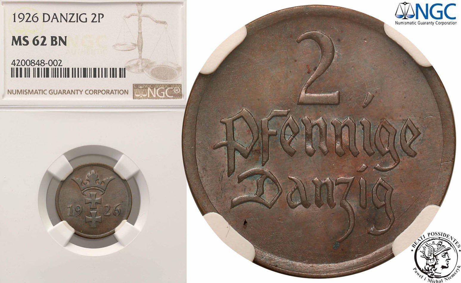 Wolne Miasto Gdańsk Danzig 2 fenigi 1926 NGC MS62 BN