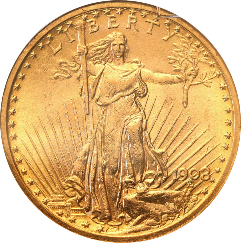 USA 20 $ dolarów St. Gaudens 1908 NO MOTTO GCN MS64
