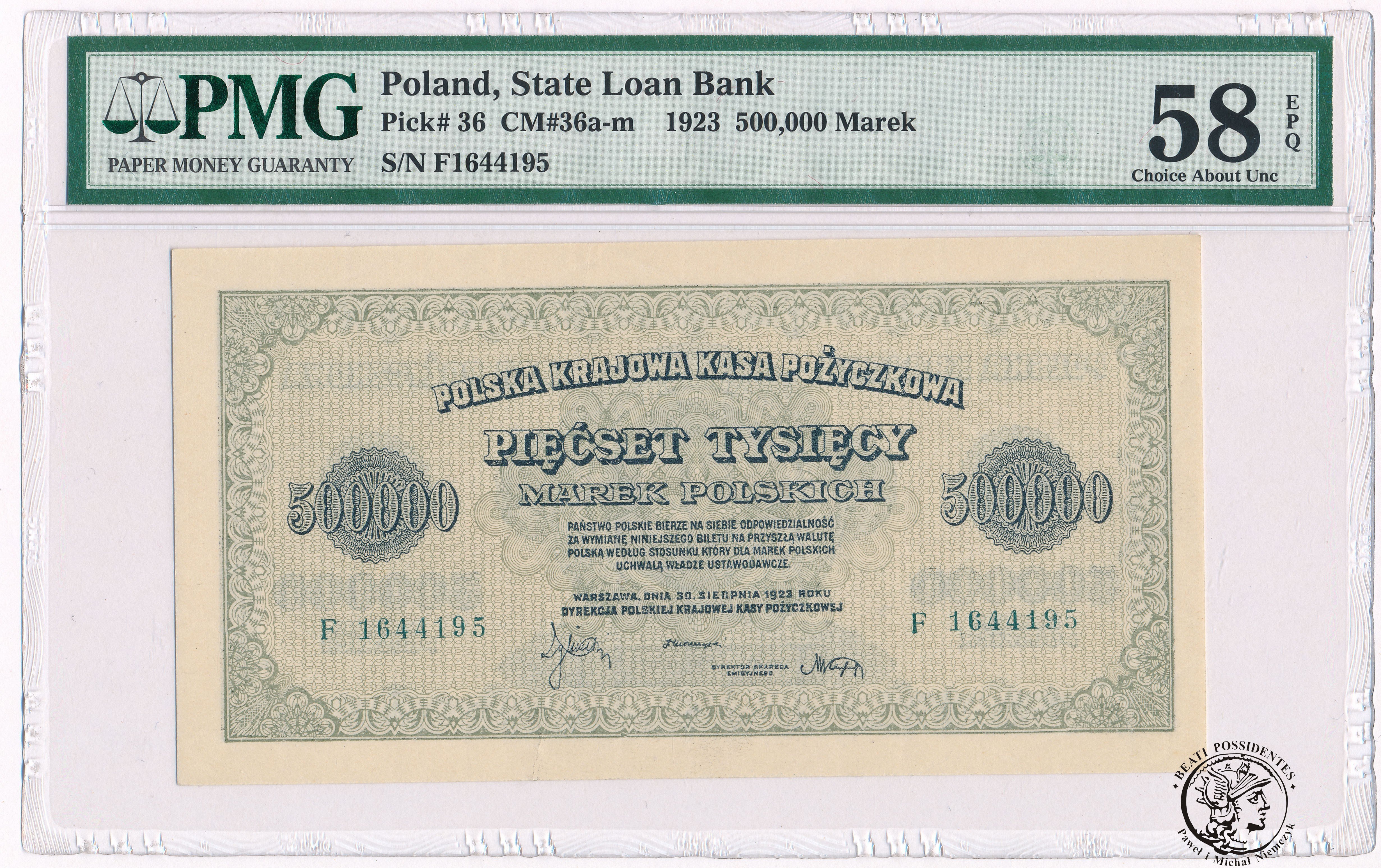 Banknot 500.000 marek polskich 1923 seria F PMG 58 EPQ