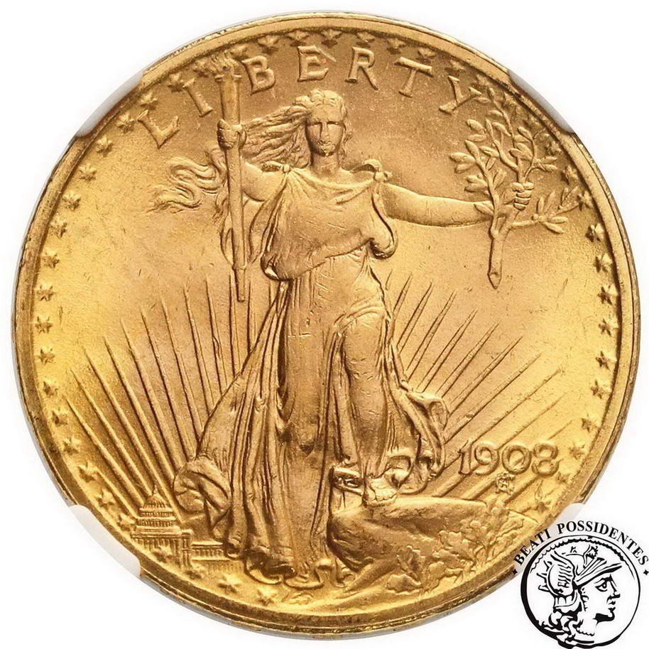 USA 20 dolarów 1908 NO MOTTO NGC MS64