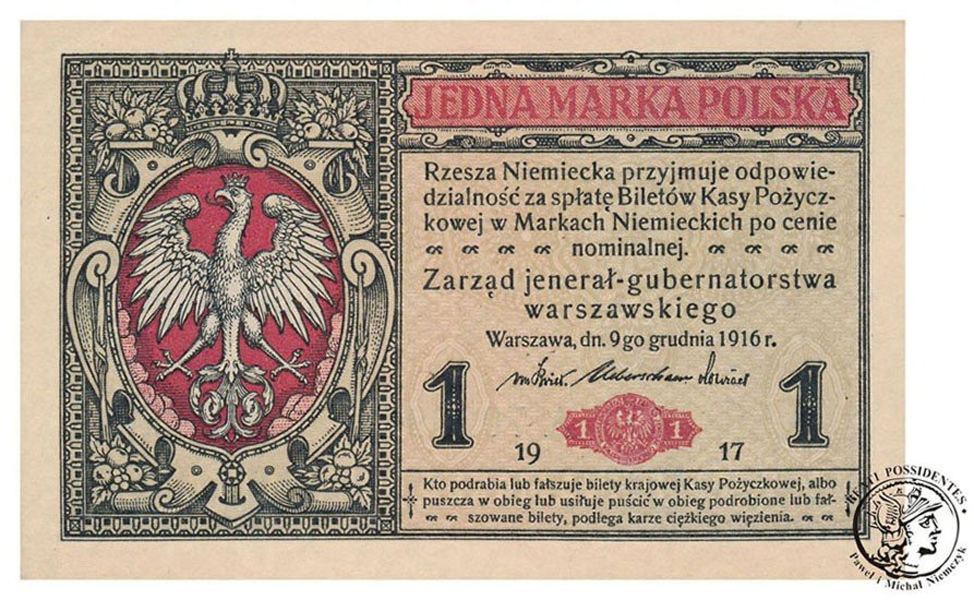 Banknot 1  marka polska 1916 - Jenerał – ser A st. 1- (UNC-)