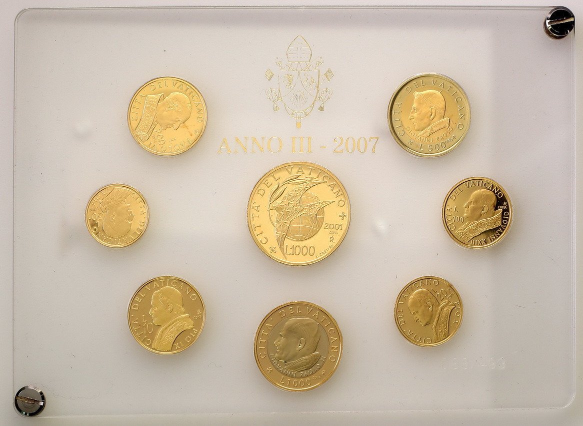 Watykan. Jan Paweł II. Komplet lirów włoskich w złoecie 2001, 8 monet Złoto
