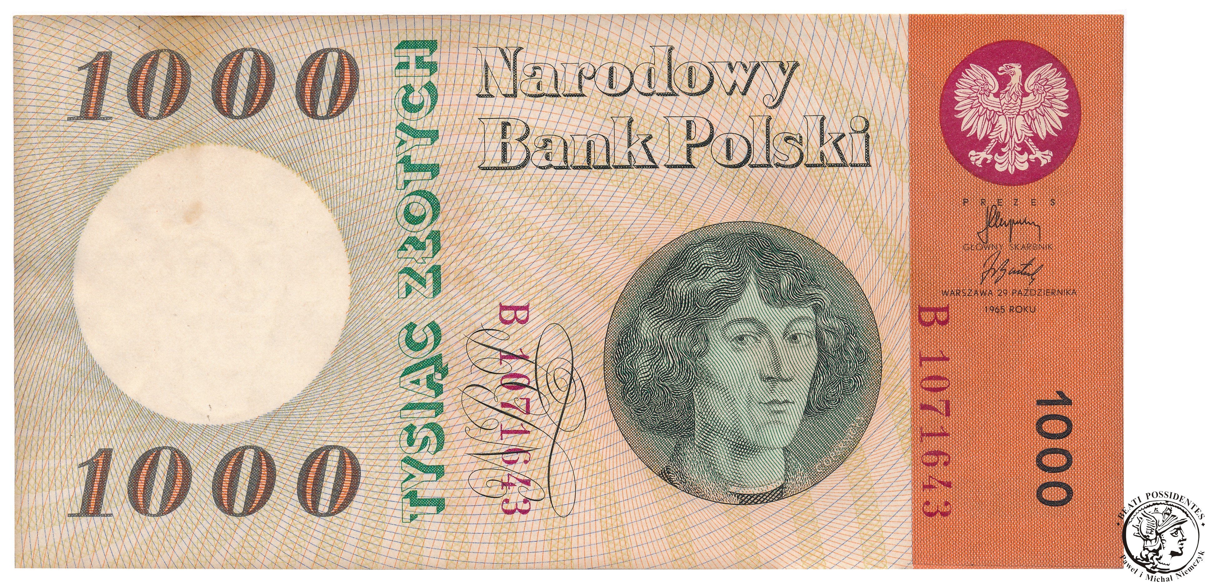 Banknot 1000 złotych 1965 Kopernik seria B 