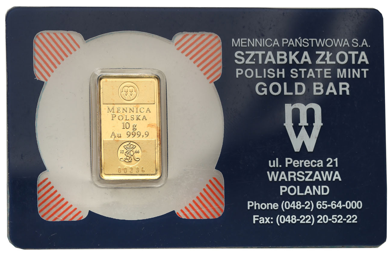 Mennica Polska. Sztabka złota wagi 10 g – czyste złoto Au .999