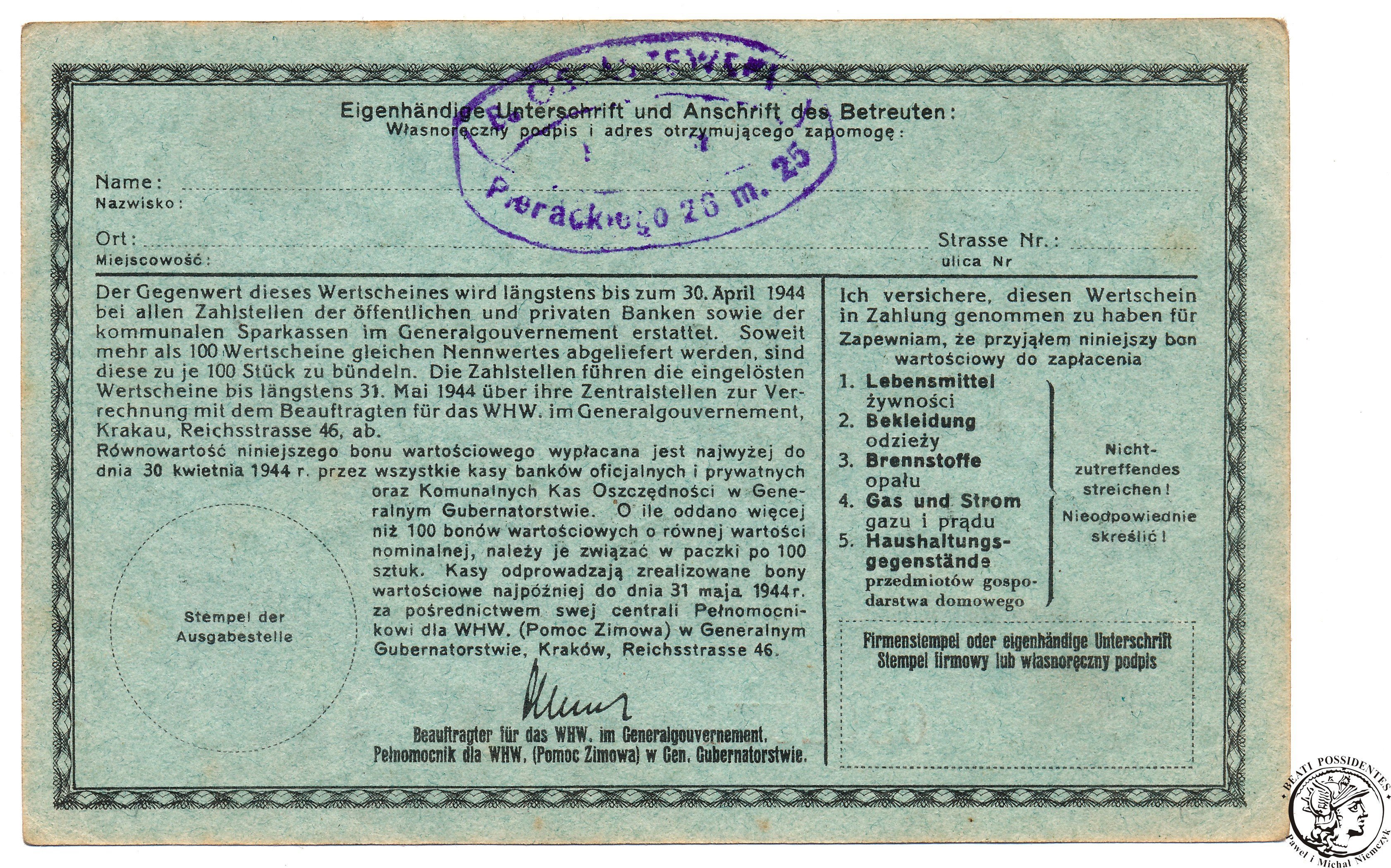 Generalne Gubernatorstwo Winterhilfswerk Pomoc Zimowa 10 złotych 1943/44 RZADKIE