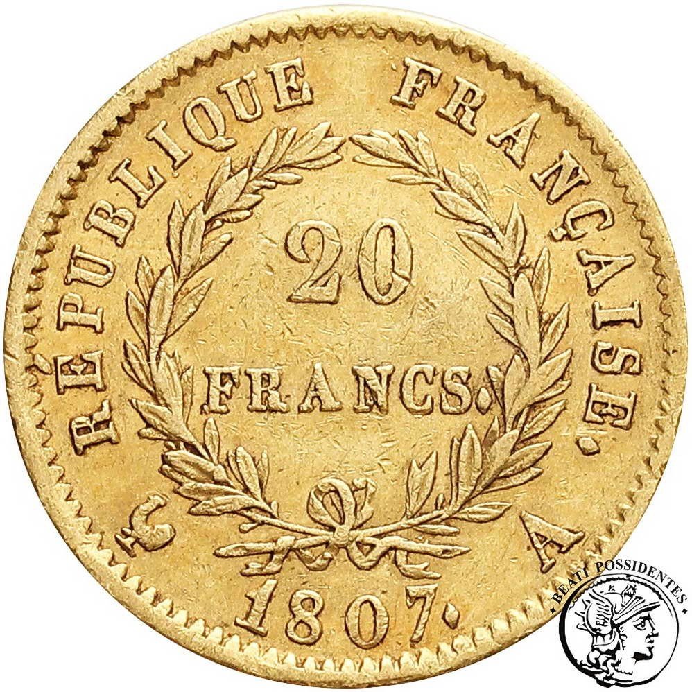 Francja Napoleon Bonaparte 20 Franków 1807 A st.3+