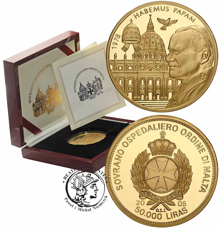 Malta Zakon 50000 lirów 2005 Jan Paweł II 5 uncji złota .999 st. Lustzrany