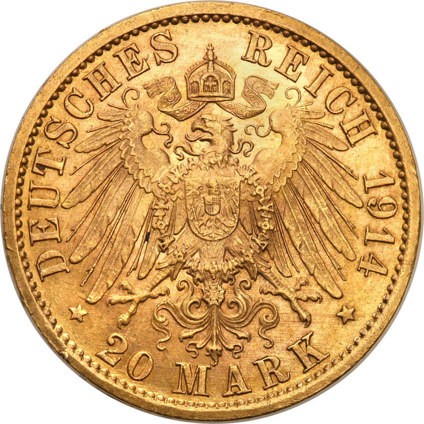 Niemcy Prusy Wilhelm II 20 Marek 1914 A Mundur st.1-/1
