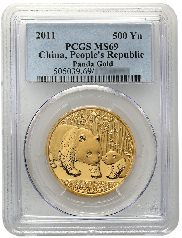 Chiny 500 Yuan 2011 panda uncja czystego złota PCGS MS69