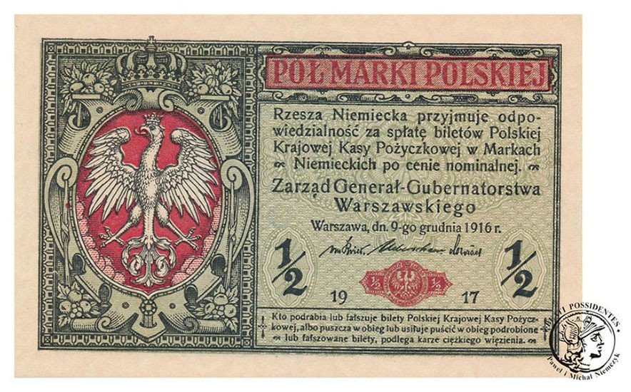 Banknot 1/2 marki polskiej 1916 - Generał – ser B st. 1 (UNC)