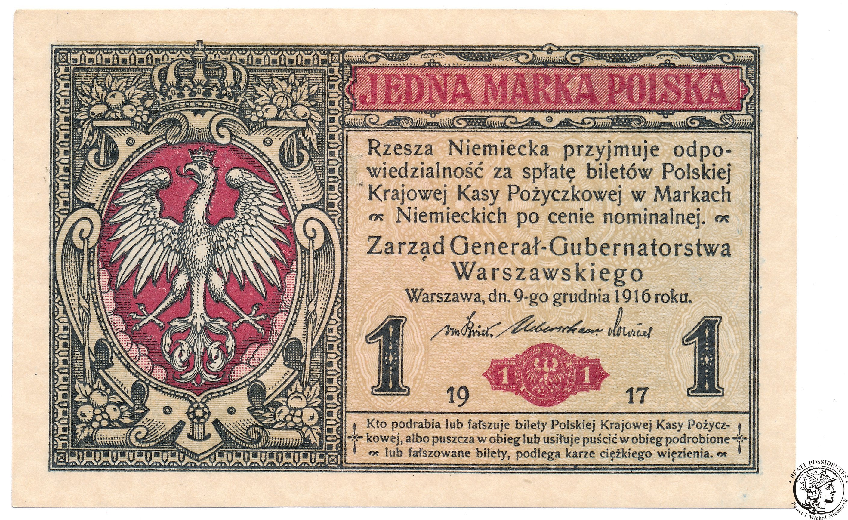 Banknot 1 marka polska 1916 - GENERAŁ UNC