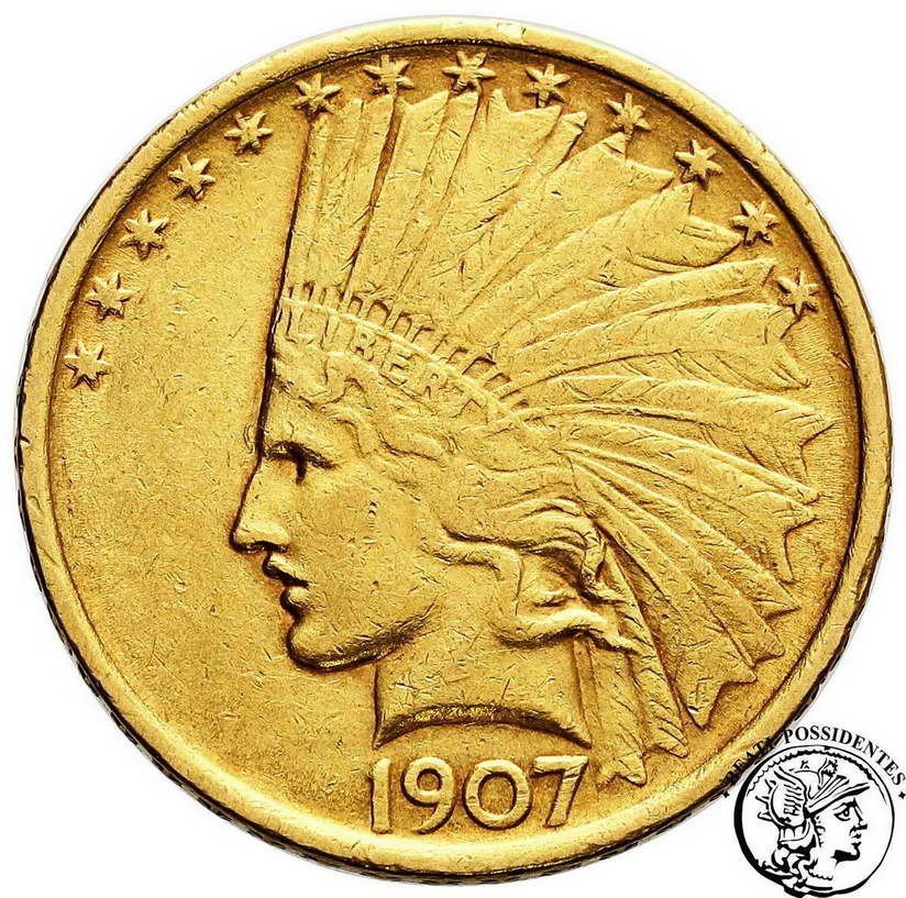 USA 10 dolarów Indianin 1907 Filadelfia NO MOTTO st.3+  