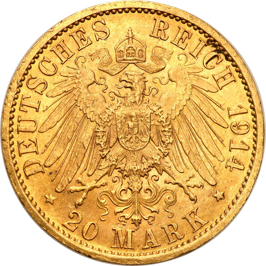 Niemcy Prusy Wilhelm II 20 Marek 1914 A Mundur st.1-/1
