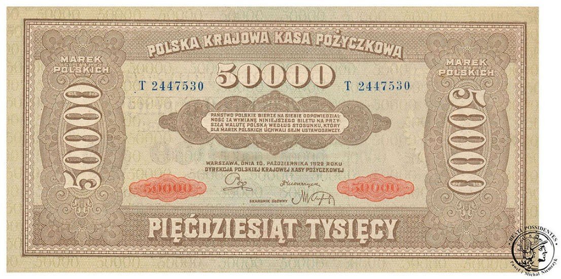 Banknot 50000 marek polskich 1922 - ser. T - st.1- (UNC-)