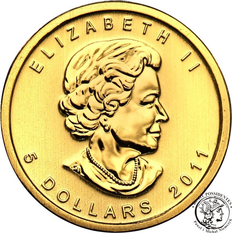 Kanada Elżbieta II 5 dolarów 2011 Listek 1/10 uncji złota st.1