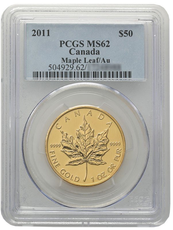 Kanada 50 dolarów 2011 liść uncja czystego złota PCGS MS62