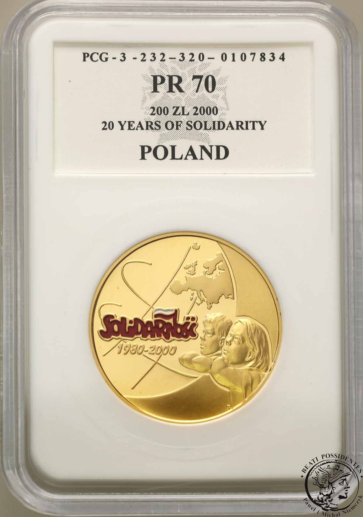Polska III RP 200 złotych 2000 Solidarność - emalia PR70