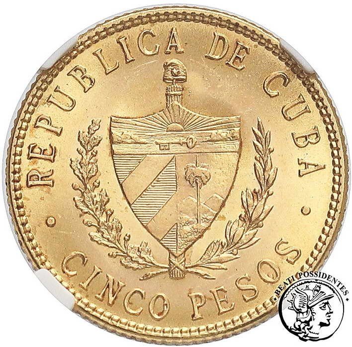 Kuba 5 Pesos 1915 Filadelfia NGC MS61