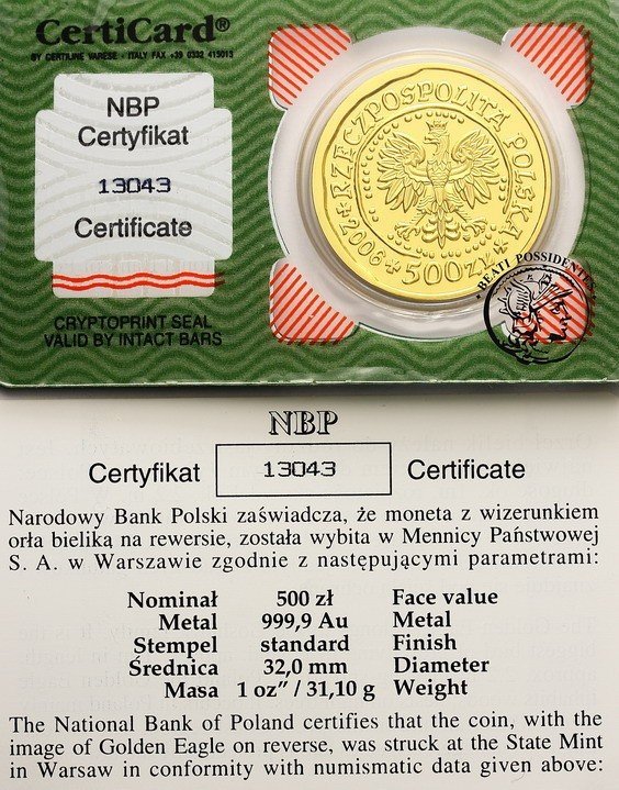 Polska Orzeł Bielik 500 złotych 2006 st. 1