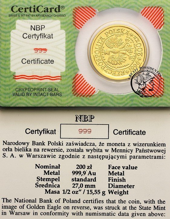 Polska Orzeł Bielik 200 złotych 1996 st. 1