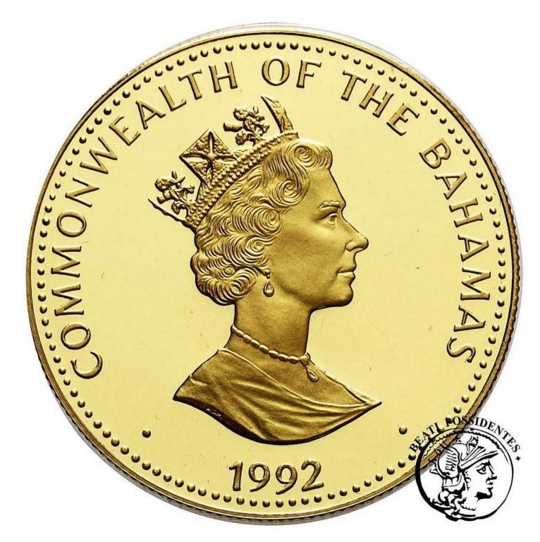 Bahama 250 dolarów 1992 wielcy odkrywcy złoto st. L stempel lustrzany
