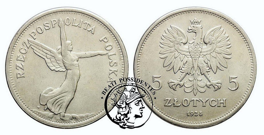 II RP 5 złotych 1928 Nike ze znakiem st. 2