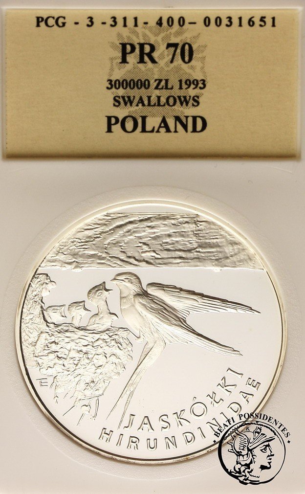 Polska III RP 300000 złotych Jaskółki 1993 PCG PR70
